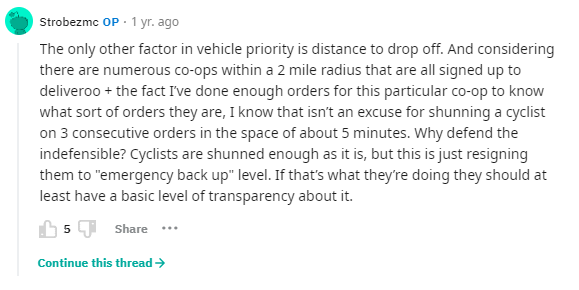 Reddit complaints about deliveroo vehicle priority