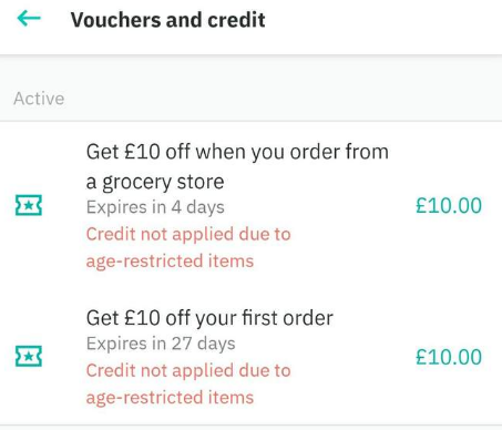 reasons for deliveroo credit not applied - Age restrictions on items