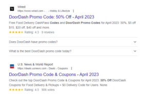 Search results on coupons on Doordash