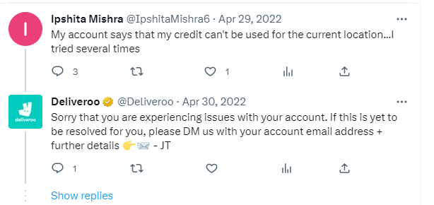 Someone who made complaints on twitter about deliveroo credit not applied