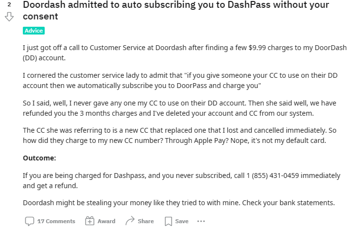 Reddit discussion on dashpass charge