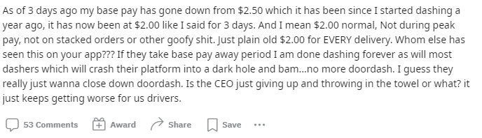 A snapshot of a driver complaining how is base pay has always been $2 regardless of the distance | What Happens if you don't Tip on Doordash?