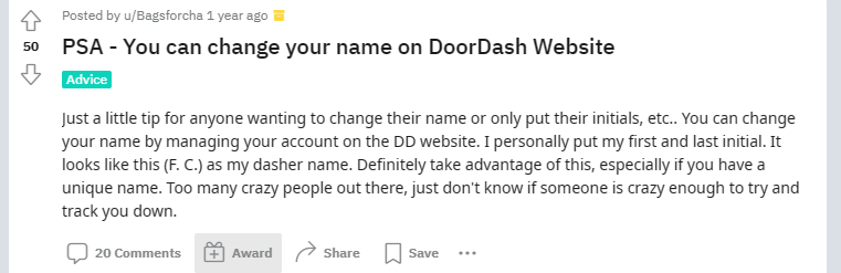 Comment on changing your name on Doordash as a driver