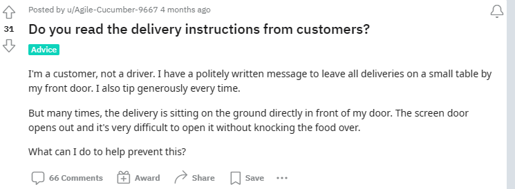 Doordash Drivers failing to follow instructions of a customer requesting her food to be dropped on the table rather than floor