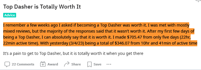 a comment on whether or not the Top dasher program on Doordash is worth it