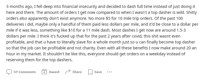 A doordash driver comment about having a good delivery priority after joining the top dasher program