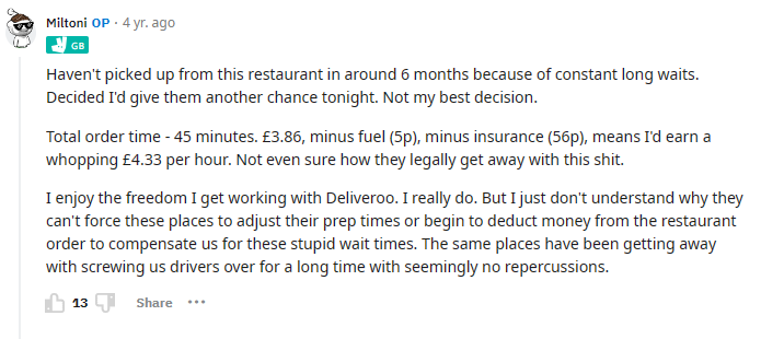 Comment on drivers wasting a lot of time on a particular restaurant, as a result not assigning drivers