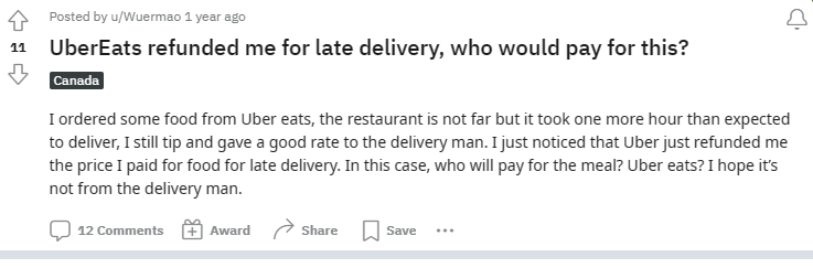 Comment on uber eats making refunds for late delivery 