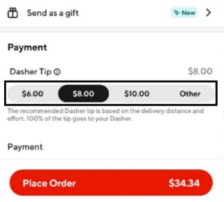 A snapshot of Suggested tipping amount by doordash for an order