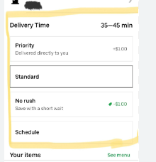 choosing between priority delivery, standard deliver, no rush, on uber eats