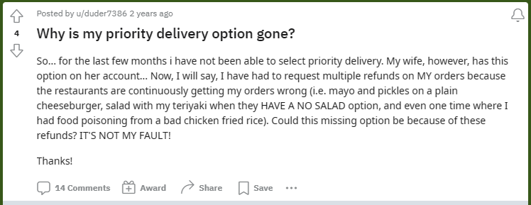 Man blacklisted and have his uber eats priority delivery removed 