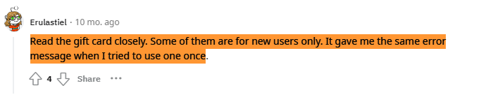 A Reddit comment that agrees with me on the reason doordash gift card is not working