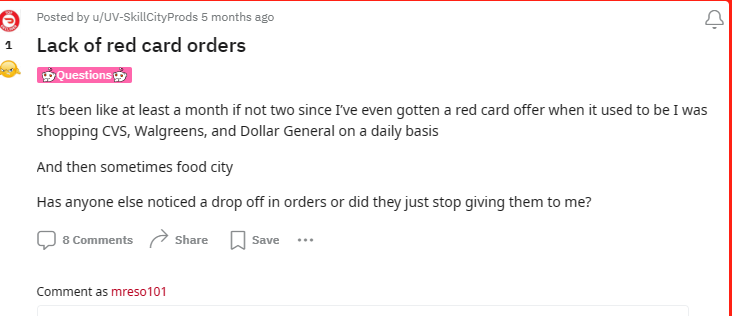 Reddit user complaint on lack of doordash orders 