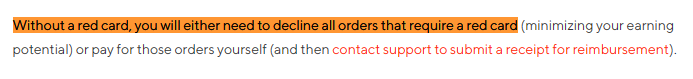 Doordash noting the only way to turn off red card is to decline red card orders