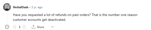 Refunds are the top reason customer account gets deactivated