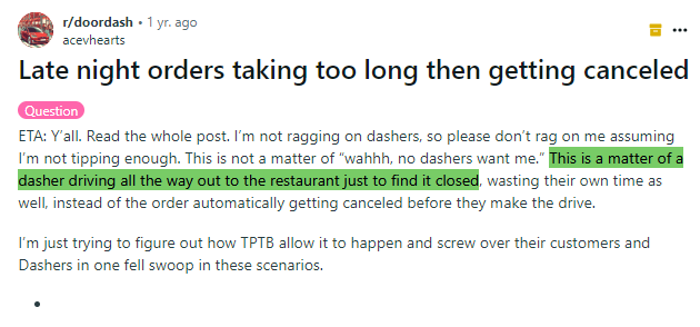 DoorDash policy of allowing drivers arrive at a restaurant before being able to tell whether a restaurant is closed 