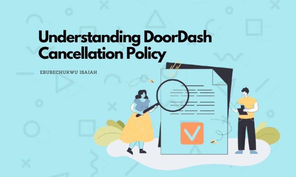 An illustration of person reviewing DoorDash's cancellation policy on a laptop, highlighting key points for better understanding.