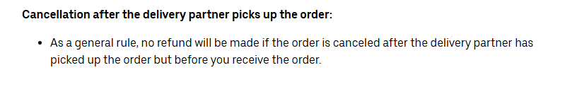 A textbox indicating the cancellation policy by Uber Eats